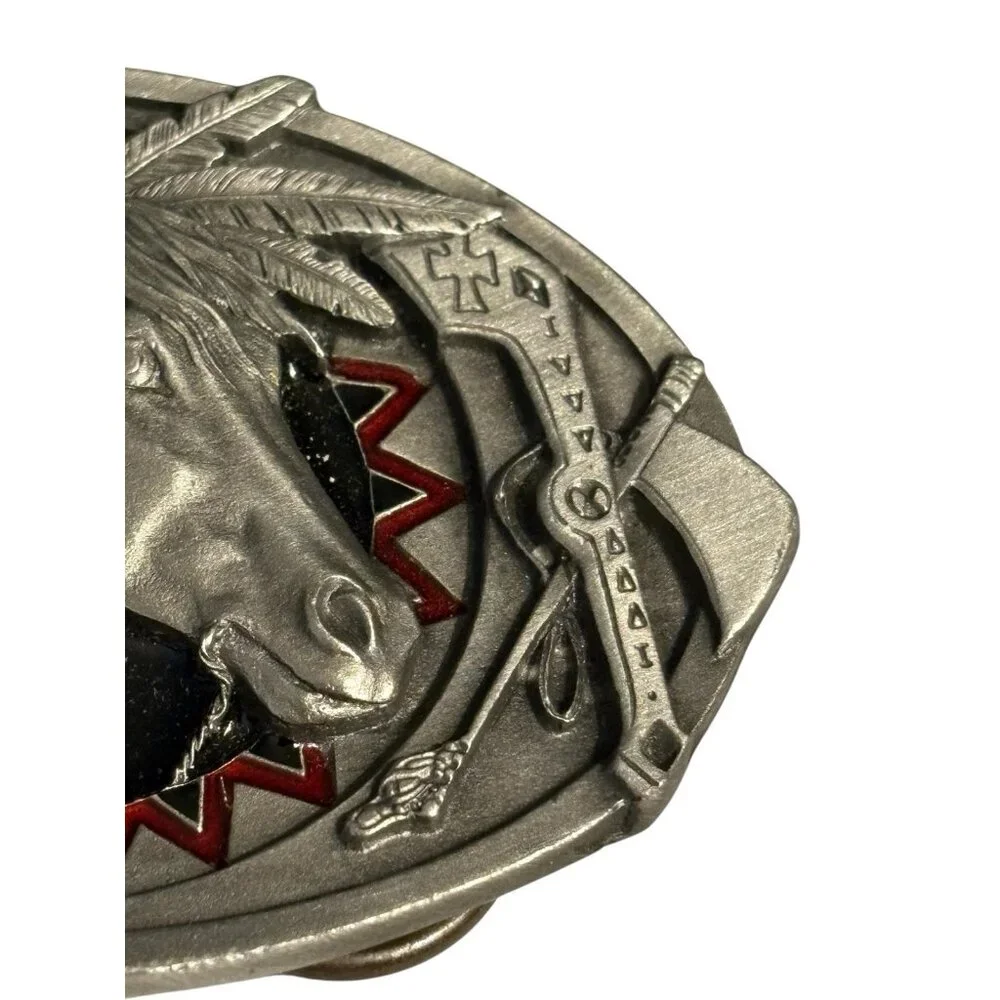 Vintage 90's C&J Belt‎ Buckle Native American Horse Feather Arrow Enamel Oval 3”